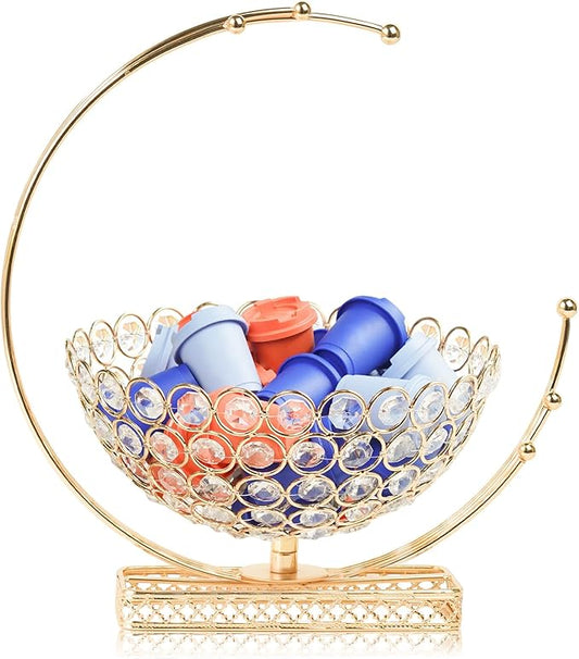 Metal & Crystal Coffee Pod Holder & Candy Basket - Elegant Multipurpose Storage Organizer for K Cups, Espresso Pods, Treats - Kitchen, Office, Home Bar (Gold, 1 PC)