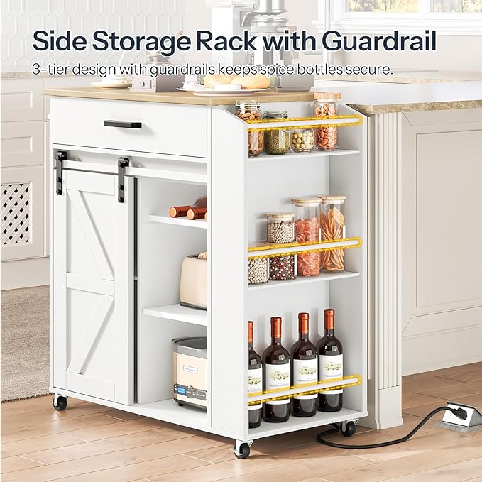 HOOBRO Kitchen Island on Wheels, Rolling Island Cart with Power Outlet, Kitchen Storage Table with Sliding Barn Doors, 1 Drawer and Spice Rack, for Home, Dining Room, White WN60UZD01