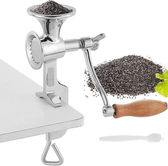 Moongiantgo Hand Grain Mill Grinder Poppy Seeds Mill Stainless Steel Coarseness Adjustable Table Clamp Hand Crank 50g Small Hopper for Pepper Corn Wheat Barley Soybeans Chickpeas Bird feed