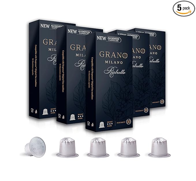 Grano Milano Ristretto Coffee Capsules - 50 Aluminum Coffee Pods Compatible with Nespresso Original line, Dark Roast - Intensity 10/12, Made in Italy