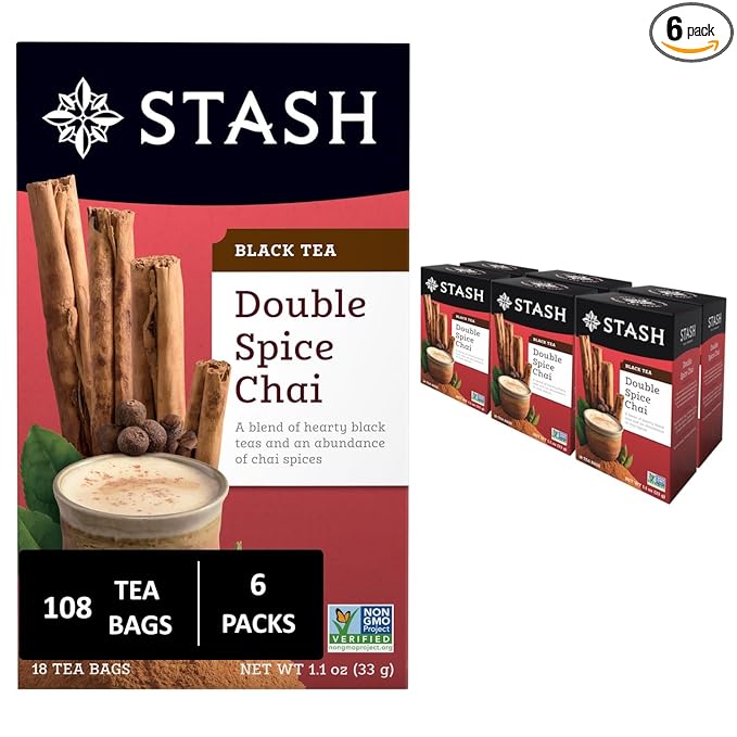 Stash Tea Double Spice Chai Black Tea, 6 Boxes With 18 Tea Bags Each (108 Tea Bags Total)