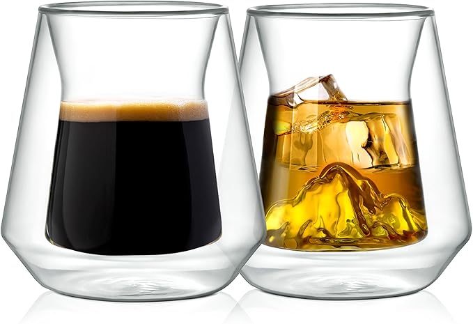 NutriChef Double Wall Insulated Glasses - 2pcs 8 oz High Borosilicate Glass Sweat Free Mugs Clear Drinkware for Hot/Cold Drinks, Coffee, Espresso, Cappuccino, Latte, Tea, Microwavable, Dishwasher Safe