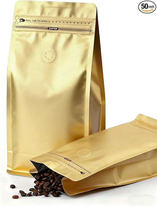 FireKylin 50 PCS Coffee Bags with Valve, (8 oz, 0.5 lb) Stand Up Pouches, Resealable coffee bean bags, Vented food storage bags Pull Tab Side Zipper(Gold)