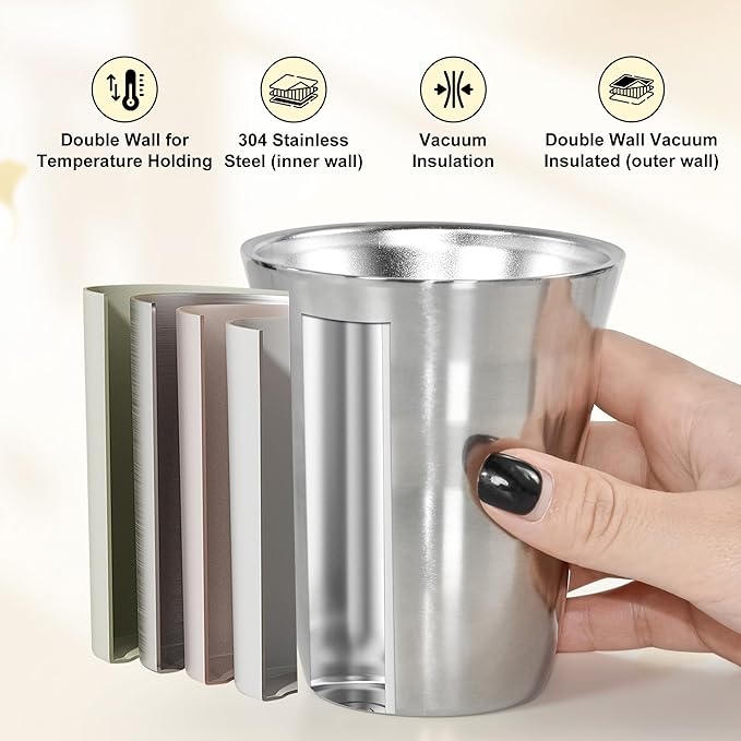 AGH 6 Pack Stainless Steel Cups for Kids, Metal Cups 9 oz Double Layer Insulated Pint Cup, Camping Tumbler Reusable Stackable Cup for Party Outdoor (Matte Silver)