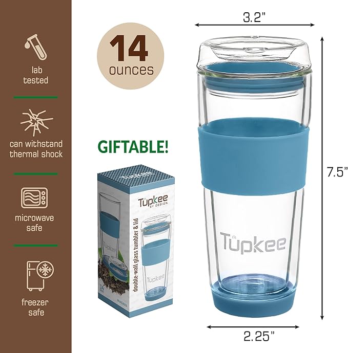 Tupkee Double Wall All Glass Tumbler - 14-Ounce, Reusable Insulated Tea/Coffee Mug & Lid, Hand Blown Glass Travel Mug - Niagara - 2 Pack