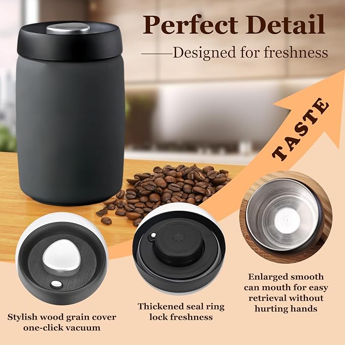 Coffee Vacuum Canister | 16oz Airtight Stainless Steel Food Storage | Press Out Excess Air, Perfect for Coffee Beans & Loose Tea
