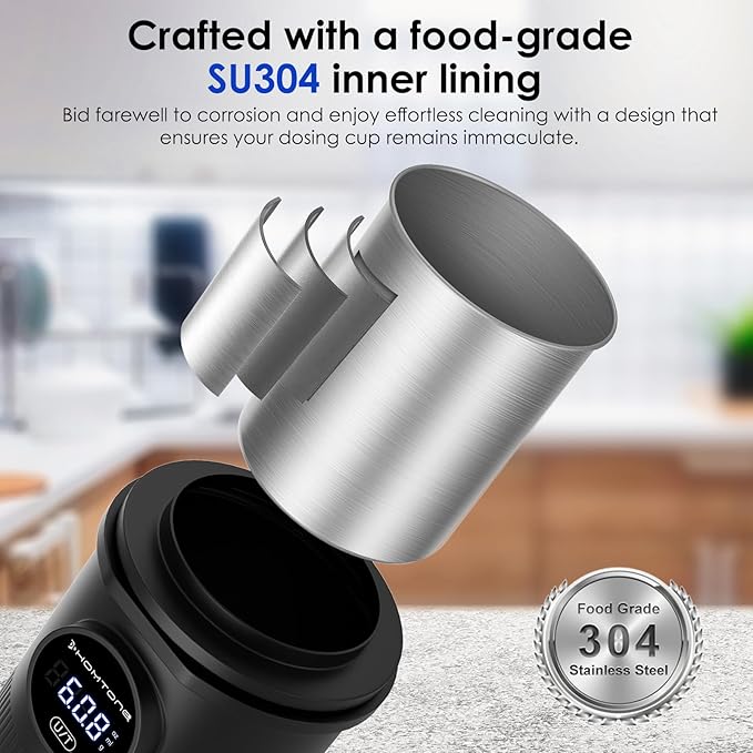 HOMTONE Espresso Dosing Cup & Digital Scale Combo - 0.05g Precision, USB-C Rechargeable, 58mm Portafilter Compatible - Stainless Steel Interior, Black