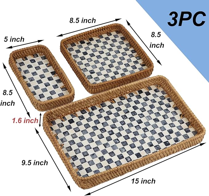 Set of 3 Rattan Serving Trays, Rectangle Tea Coffee Tray with Mother of Pearl Inlay, Natural Decorative Wicker Basket for Home Decor, Bathroom, Kitchen Counter