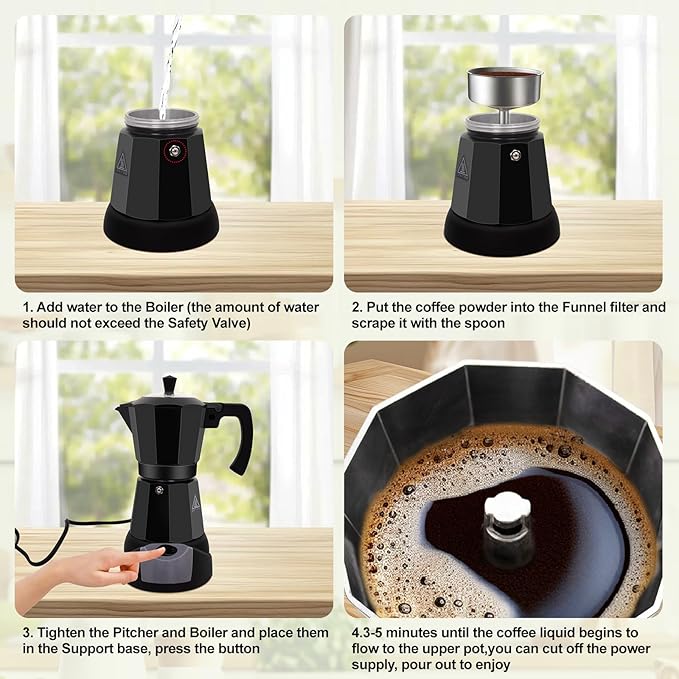 Vaolvpant Electric Aluminum Moka Pot 5-6 Cup 270ml Espresso Maker with Detachable Base Ideal Coffee Makers for Home MochaPot Italian and Cuban Café Coffeemaker Espressomaker CoffeePot Black