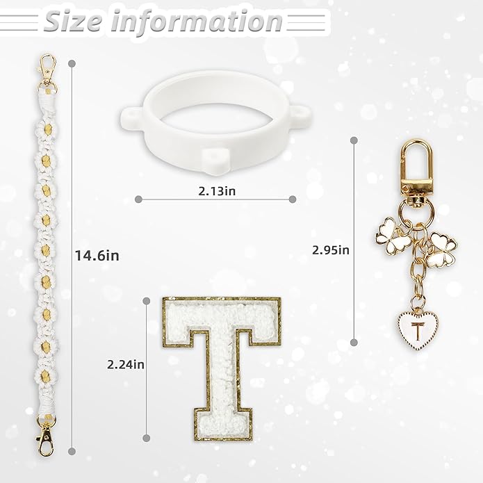 Compatible with Owala Water Bottle Accessories, Cute Letter Charm Set with Boho Handle Strap, Monogram Sticker, Silicone Ring, Keychain Decoration, for FreeSip 24 32 40oz, Owala Kids, Tumbler Gift