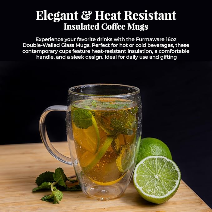 16 Oz Insulated Glass Mugs – Double Wall Coffee Mugs for Tea, Cappuccino, Iced Coffee, Latte, Hot Beverages – Microwave & Dishwasher Safe, Set of 2