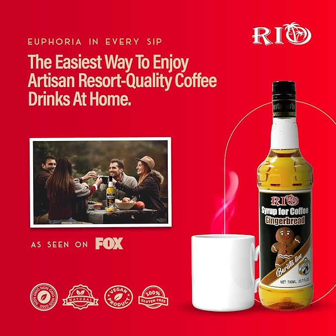 RIO Gingerbread Coffee Syrup, Perfect for Hot or Iced Drinks & Desserts, Spiced & Warming Flavoring Sweetened with Pure Cane Sugar, Barista-Grade Flavor Syrups for Coffee Drinks at Home & Work - 700ml