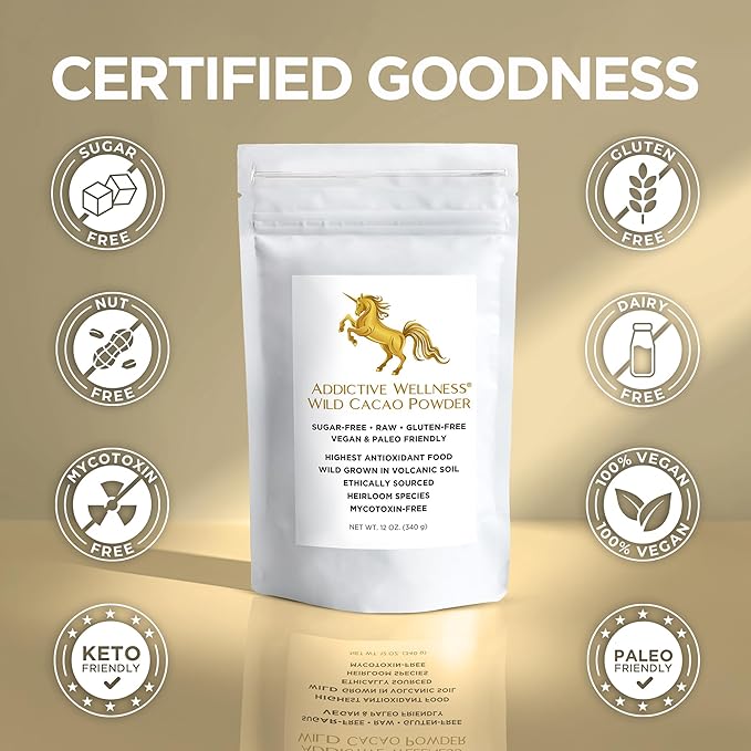 Addictive Wellness Raw Cacao Powder - Wild-Grown Heirloom Mycotoxin-Free Arriba Nacional Chocolate Cocoa Powder Unsweetened, Vegan, Keto & Paleo Friendly Raw Cacao Powder 340g (12 Ounce)