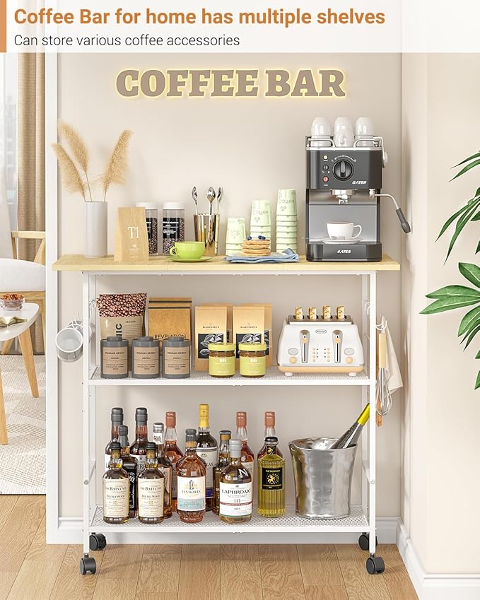 Kitchen Island with 3 Shelves, Rolling Kitchen Cart with 6 Hooks and Protective Shelf, Microwave Stand on Lockable Wheels, Bakers Rack Coffee Bar for Dining, Living Room, Outdoor, Metal Frame, White