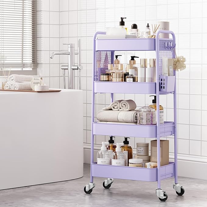 TOOLF 4 Tier Rolling Cart with Pegboard, Metal Storage Organizer Cart with Wheels, Hooks & Bins Esthetician Craft Art Sturdy Storage for Bathroom, Kitchen, Office, Nursery Diaper