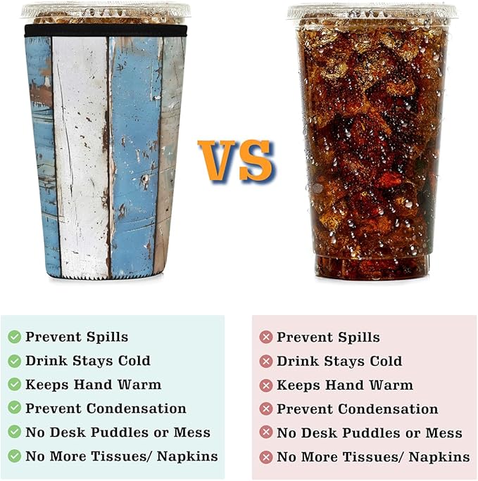 Rustic Beach Wooden Iced Coffee Sleeve for Cold Drink Cups, Reusable Neoprene Insulated Drink Sleeves Cup Cover for Beverages, Fits 32 oz