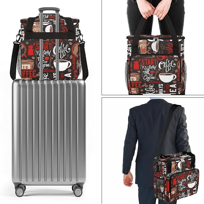 Keurig K-Mini Plus Portable Single Serve Coffee Brewer Case with Pockets for K-cup Pods - Brown and Red Travel Carrying Storage Tote Bag