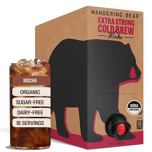 Wandering Bear Organic Mocha Cold Brew Coffee On Tap, Iced Coffee Drink - Extra Strong, Bold, Smooth, No Sugar Added, Shelf-Stable, Ready to Drink,Gluten Free & Vegan -16 Servings of 6fl.oz -96fl.oz