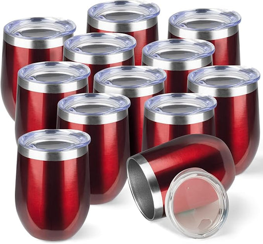 StarSpeed 12oz/12 Pack Wine Tumbler with lid, Stainless Steel Travel Mugs Stemless Double Wall Insulated Coffee Cup, Insulated Wine Glasses Travel Tumbler for Cold & Hot Drinks(Transparent Red,12)