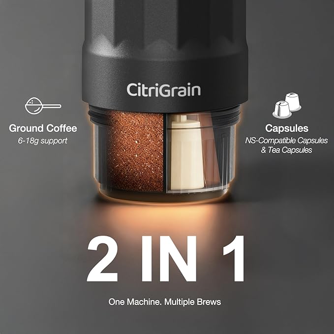 Portable Espresso Maker, Self-Heating Travel Espresso Machine, USB-C Rechargeable, for Ground Coffee & NS Capsules