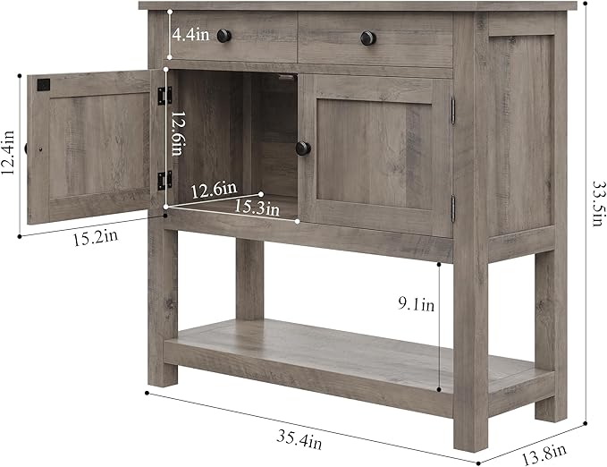 HOSTACK Farmhouse Console Table with 2-Door Cabinet & 2 Drawers, Coffee Bar, Entryway Table with Storage Shelf, Sofa Tables Buffet Sideboard for Kitchen, Hallway, Dining, Living Room, Ash Gray