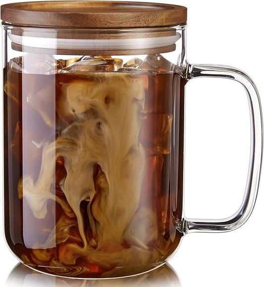 DRASTAR Glass Coffee Mugs, 20 oz Large Iced Coffee Cups, Flat Bottomed Cups with Acacia Wood Lid, Glass Tea Cup with Handle, Clear Tea Cup Set of 1