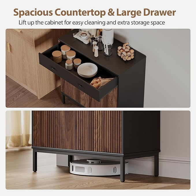 Mericonia Farmhouse Buffet Sideboard Cabinet with Storage, Fluted Coffee Bar with Doors and Adjustable Shelves, Modern Wood Console Cabinet for Kitchen, Livingroom (Fluted 2 Door, Black & Walnut)