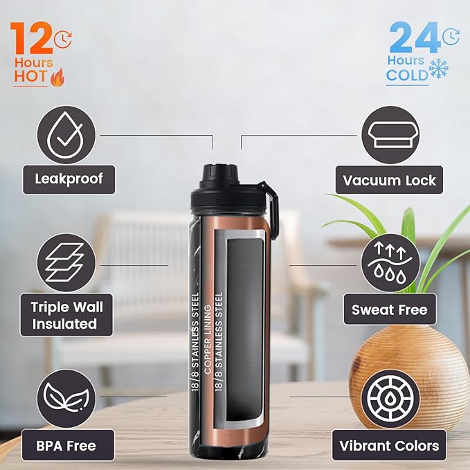 Lexlion Tea Infuser Water Bottle 22 Oz – Triple Wall Insulated Stainless Steel, Loose Leaf & Fruit Strainer, 3 Leakproof Lids, BPA-Free Silicone Sleeve, Reusable Thermal Mug