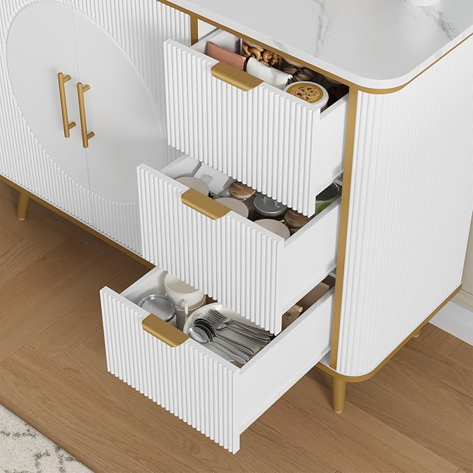 47.3" Modern Buffet Cabinet with Storage, Kitchen Sideboard Buffet with 2 Door & 3 Drawers, Fluted Caffee Bar Storage Cabinet for Dining Room, Living Room, Entryway, White
