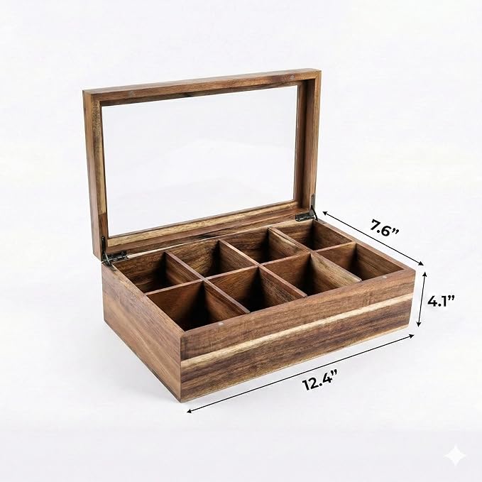 Acacia Wood and Bamboo Tea Bag Organizer - 4 & 8 Compartment Tea Box for Countertop - Tea Station & Coffee Bar Accessories - Fits Large & Craft Tea Bags (Bamboo, 8 Compartment)