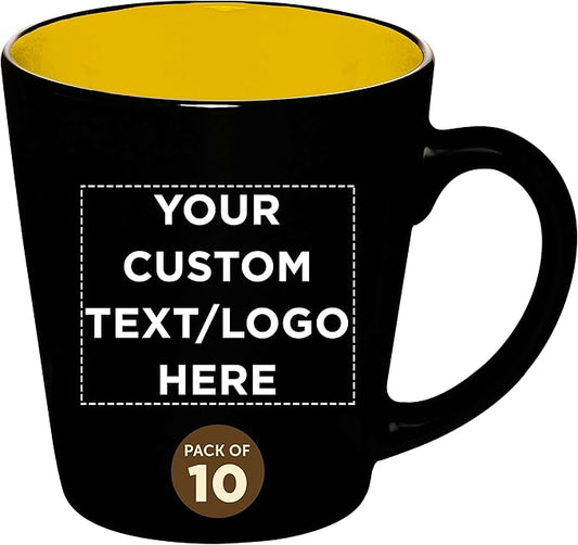 Custom Ceramic Coffee Latte Mugs 12 oz. Set of 10, Personalized Bulk Pack - Perfect for Coffee, Tea, Espresso, Hot Cocoa, Other Beverages - Yellow