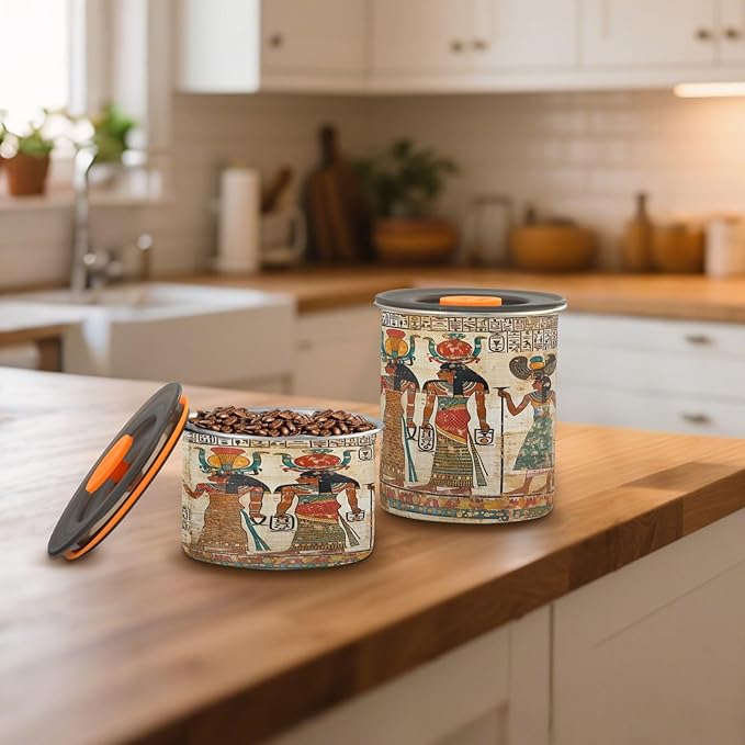 YETTASBIN Egyptian Murals Airtight Food Storage Containers 900ml/30oz, Stainless Steel Coffee Canisters with Vacuum-Lock Lid for Kitchen Organization, Coffee Bean, Tea, Sugar, Flour