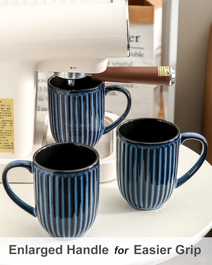 HASENSE Coffee Mugs Set, 16 oz Ceramic Coffee Cups, Ribbed Tea Cup Set of 4, Dishwasher & Microwave Safe, Wedding, Housewarming Gift, Navy Blue