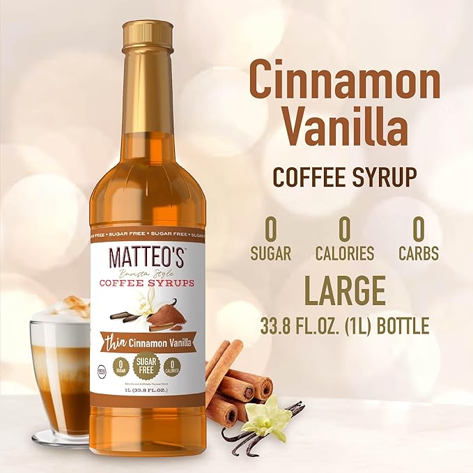 Matteo's Cinnamon Vanilla Syrup for Coffee, Lattes, Cappuccinos & Desserts – Sugar-Free Sweetener for Beverages, Keto Friendly, Zero Calories, Indulgent Flavor, Non-Alcoholic, 33.8oz (6pk)