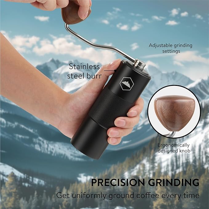 Tough Outdoors Manual Coffee Grinder - Portable Hand Crank with Real Wood Knob & Stainless Steel Burr Adjustable Grind - Indoors or Outdoors - Home Use Travel & Camping - Black