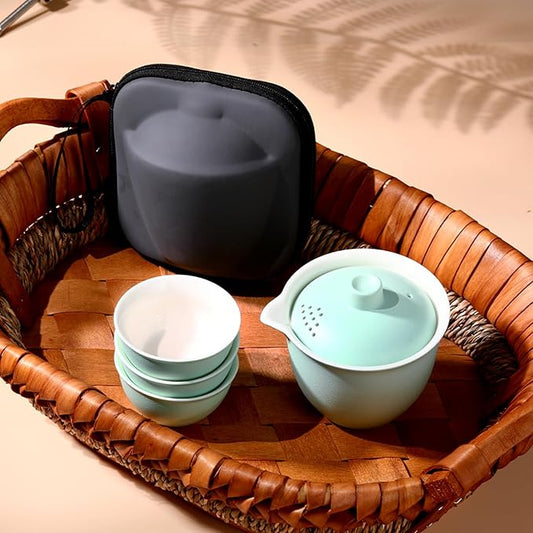 Porcelain Chinese Gongfu Tea Sets for Adults Ceramic japanese Tea Set Portable Kungfu Gaiwan Teapot and Cup Set Small Travel Teaset with Lid for Home Gifting Outdoor and Office (Blue)