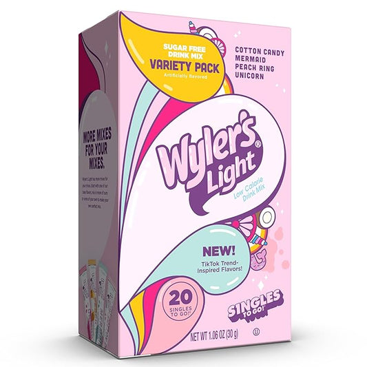 Wyler's Light Singles to Go Powder Packets, Water Drink Mix, Variety Pack, Watertok Fun Flavors, Cotton Candy, Mermaid, Peach Ring, Unicorn, Sugar & Caffeine Free, On-The-Go, 20 Count (Pack - 1)