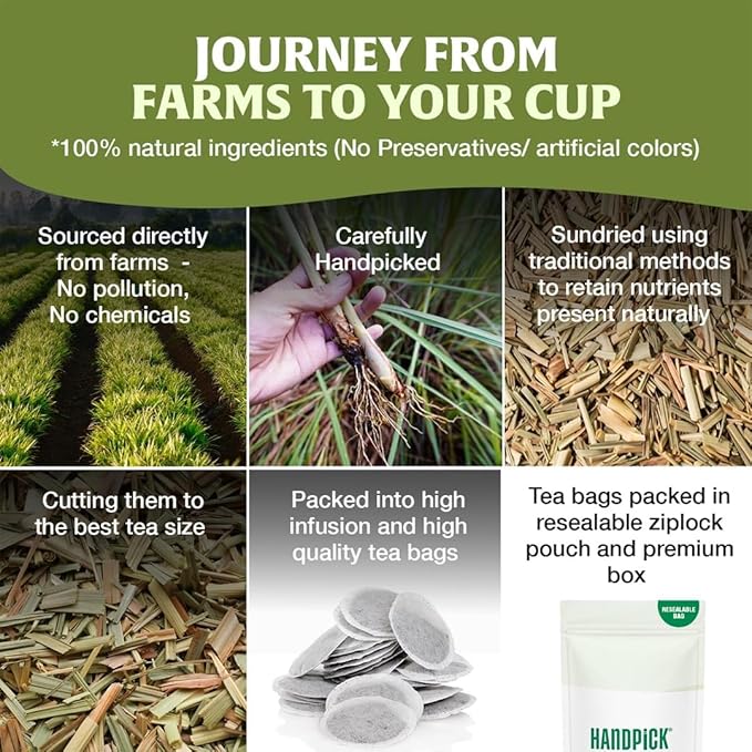 HANDPICK, Lemongrass Tea Bags (100 Count) Non-GMO, Caffeine Free - Quality Lemongrass Herbal Tea- Eco-conscious Round Tea Bags | Brew Hot or Iced Tea