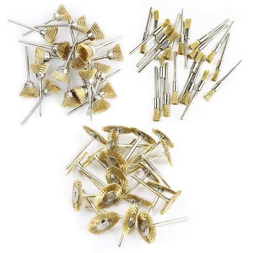 Brass Wire Brushes Cup Wheels Polish Cleaning Brush Kit Polishing Attachment Die Grinder Rotary Tools Accessories 3 MM Mandrel 60 Pieces