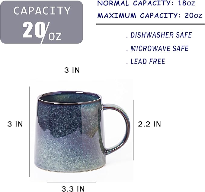 Mkour 20oz Large Ceramic Coffee Mugs, Handmade Cup, Big Tea Cups with Large Handle for Office and Home, Microwave and Dishwasher Safe (Blue Green)