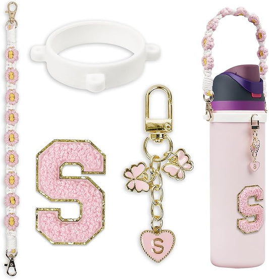 Compatible with Owala Water Bottle Accessories, Cute Letter Charm Set with Boho Handle Strap, Monogram Sticker, Silicone Ring, Keychain Decoration, for FreeSip 24 32 40oz, Owala Kids, Tumbler Gift