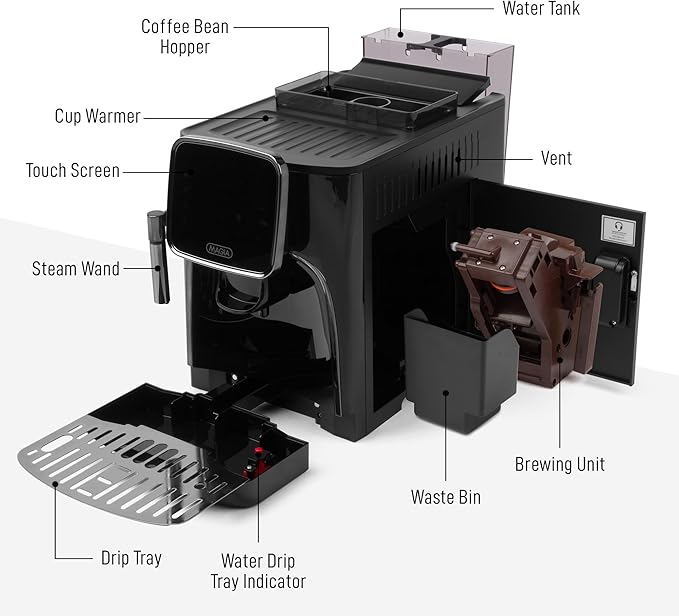 Zulay Kitchen Magia Clasica Automatic Espresso Machine with Built-In Grinder, Touch Panel Coffee Maker, Steam Wand Milk Frother, Adjustable Strength, Self-Cleaning, Black