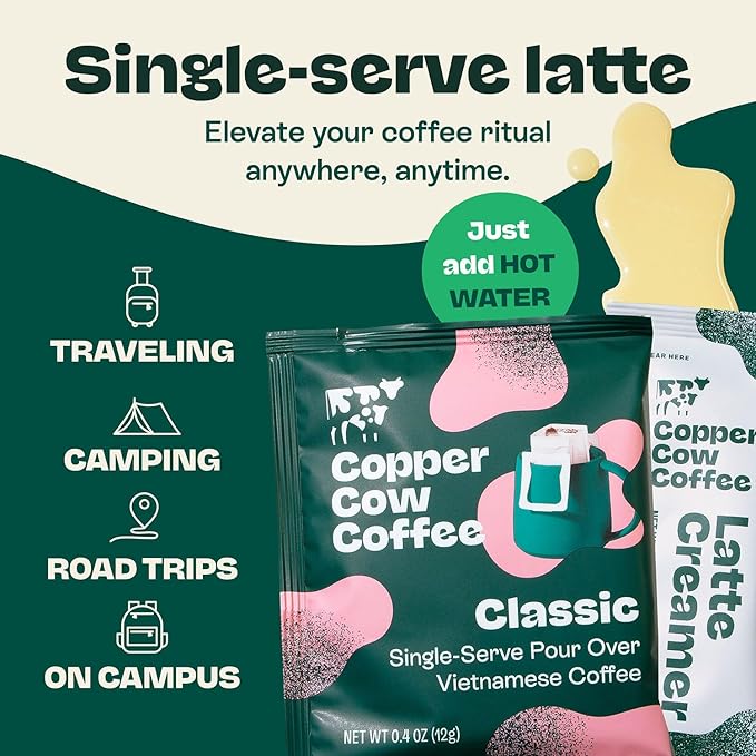 Copper Cow Vietnamese Coffee Variety Pack (15 Coffees & 15 Creamers)| Classic, Vanilla, & Salted Caramel Latte | Pour Over Single-Serve Lattes, No Refrigeration Needed, Travel Friendly Ground Coffee