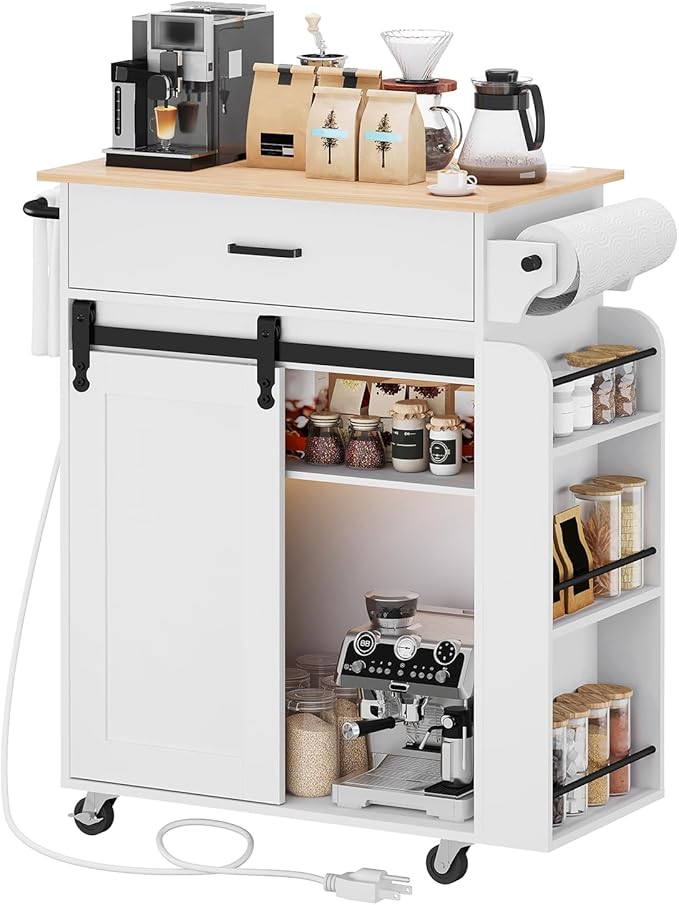 Kitchen Island with Storage, Kitchen Storage Cabinets with Charging Station, Kitchen Island on Wheels, Rolling Island Table with Sliding Cabinet Door, White and Natural ZD01UWN
