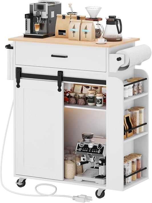 Kitchen Island with Storage, Kitchen Storage Cabinets with Charging Station, Kitchen Island on Wheels, Rolling Island Table with Sliding Cabinet Door, White and Natural ZD01UWN