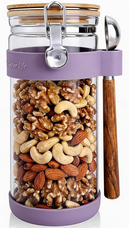 KKC HOME ACCENTS 1.5-Quart Large Glass Nuts Storage Container, Airtight Food Storage Jar with Bamboo Lid & Scoop, Keeps Nuts Crunchy & Fresh, Perfect for Storing Nuts, Almonds, Peanuts, Coffee Beans