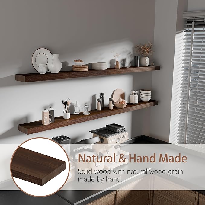 60 inch Long Floating Shelves for Wall,Solid Wood Long Shelves Set of 2,Walnut Rustic Mounted Shelves for Bathroom Bedroom Laundry Room (Walnut, 60 Inch)
