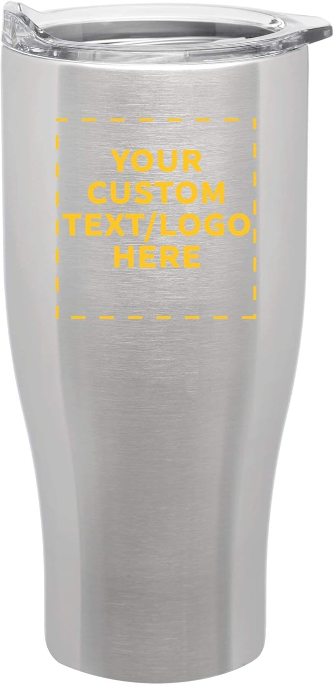 Custom Stainless Steel Grip Travel Mugs 27 oz. Set of 100, Personalized Bulk Pack - Perfect for Coffee, Soda, Other Hot & Cold Beverages - Silver