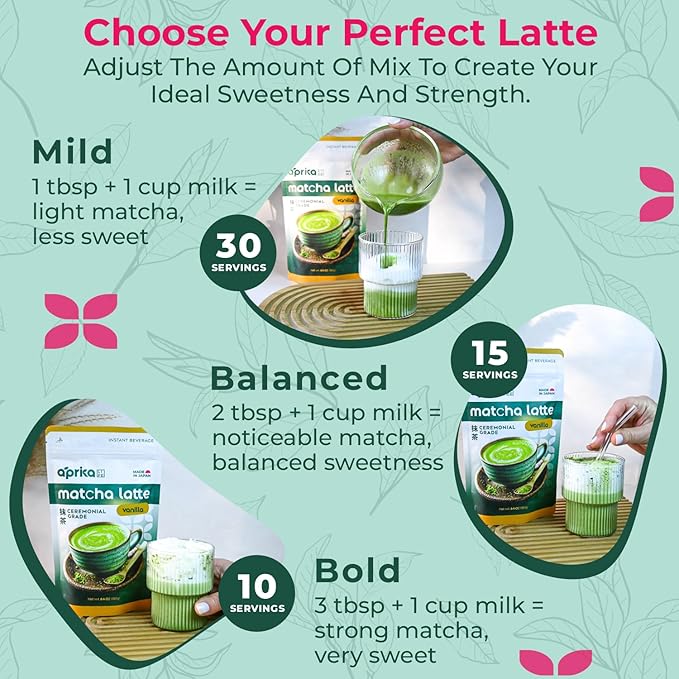 AprikaLife Matcha Latte Powder, Premium Barista Crafted Mix with Natural Vanilla Flavor - Authentically Japanese - 1st Harvest Ceremonial Grade, Sweet Matcha Powder Used by Coffee Shops 6.8 oz / 180g