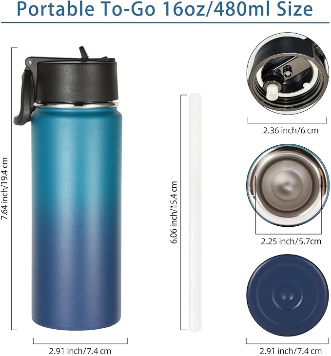Volhoply Kids Insulated Water Bottle with Straw,16oz Stainless Steel Cold Water Bottles for School,BPA-Free Metal Wide Mouth Cups with Handle,Reusable Double Wall Vacuum Sport Flask(Dark Night,1)